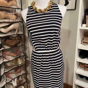 Ann Taylor Loft Petite Breton striped pocketed cotton mini dress